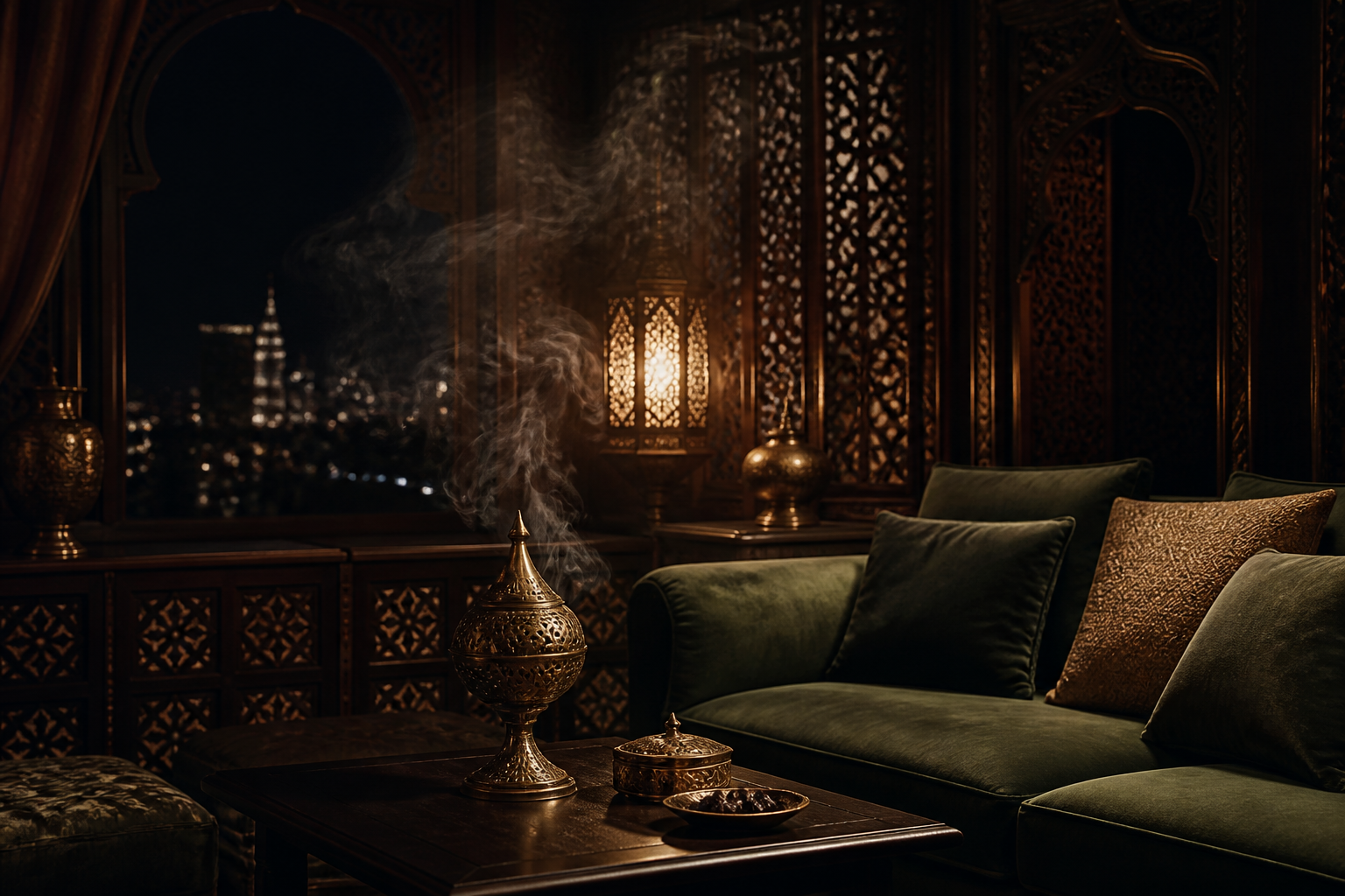 Warm interior with incense smoke and carved screens