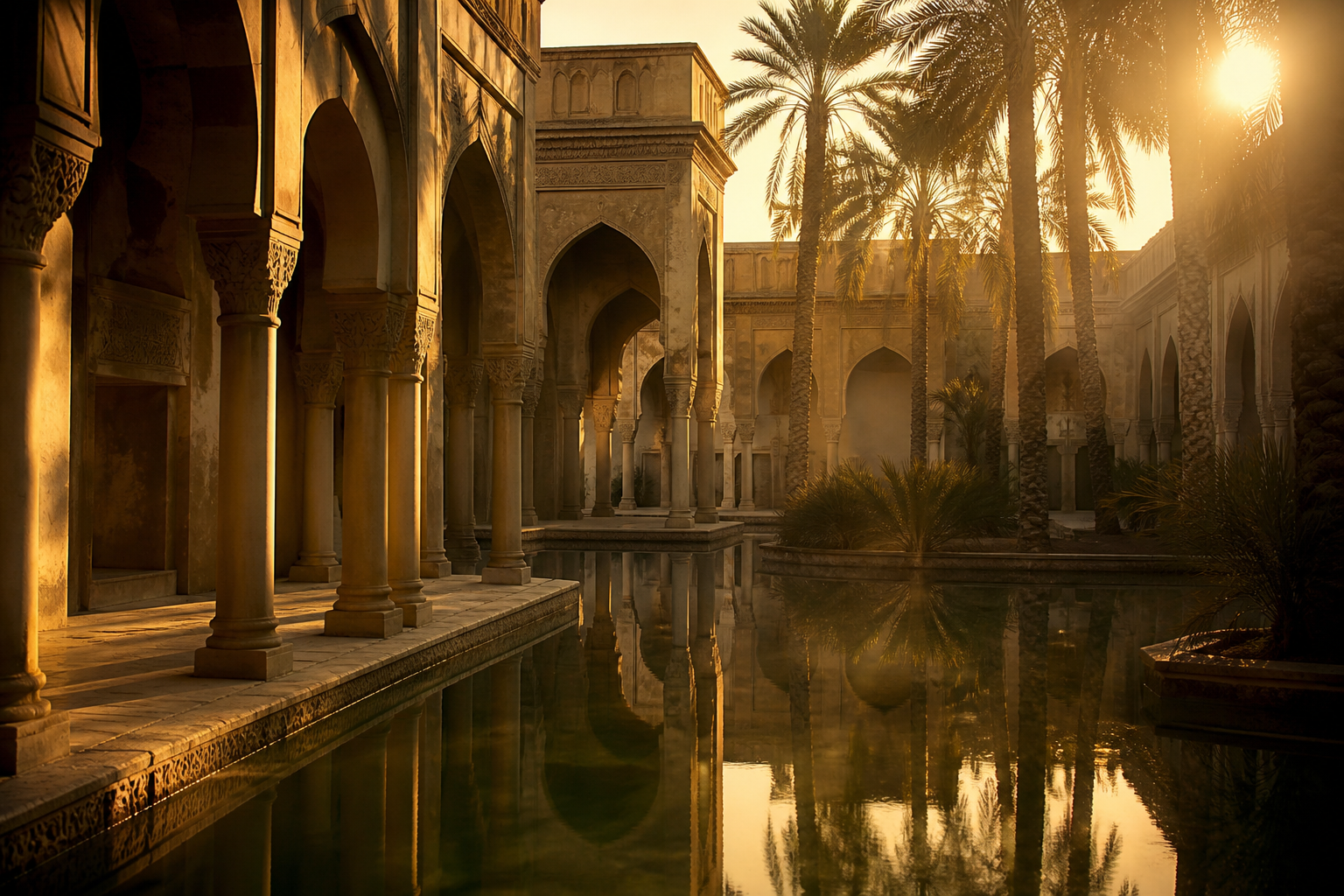 Arabian courtyard with arches and reflecting water