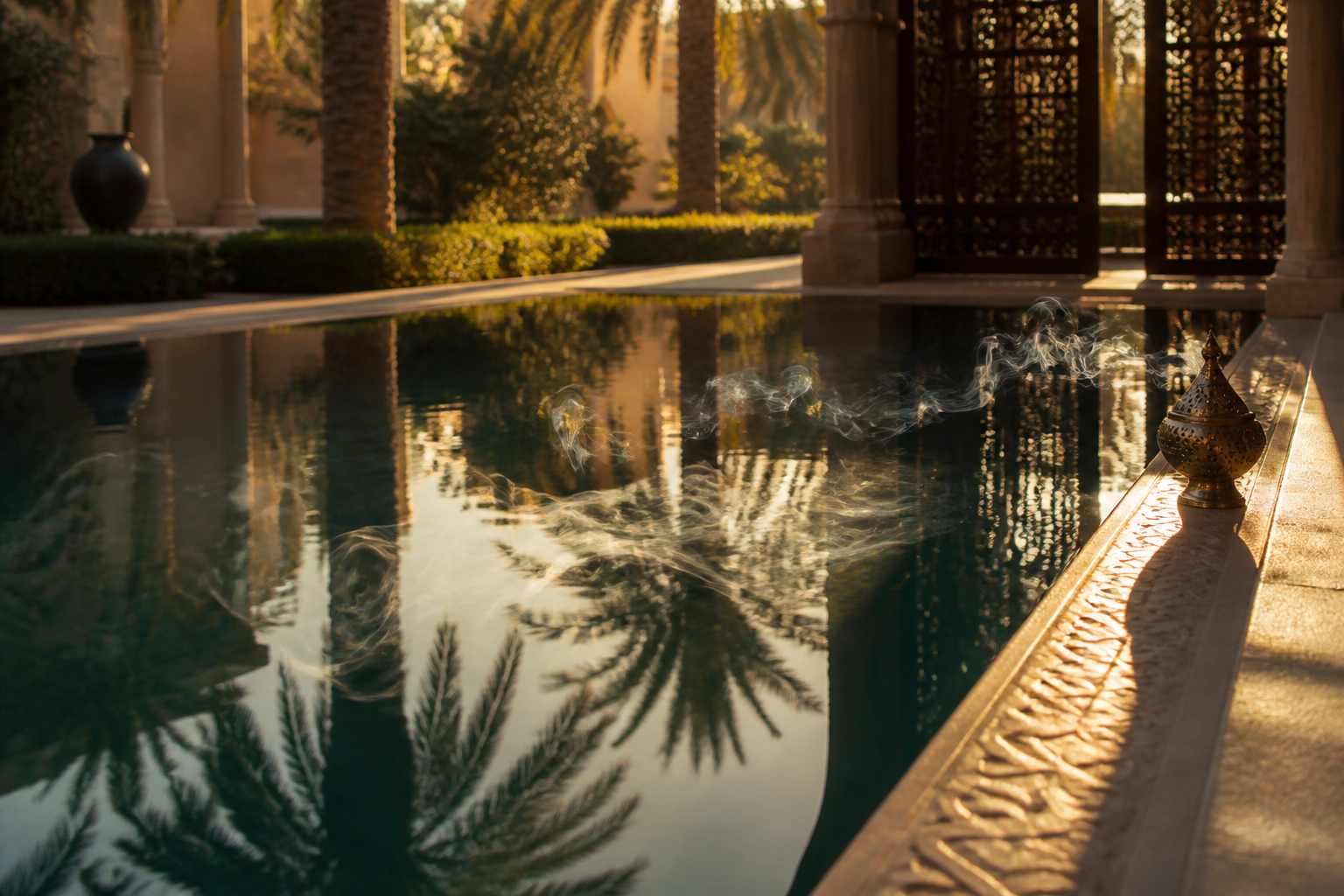 Courtyard reflecting pool with incense smoke